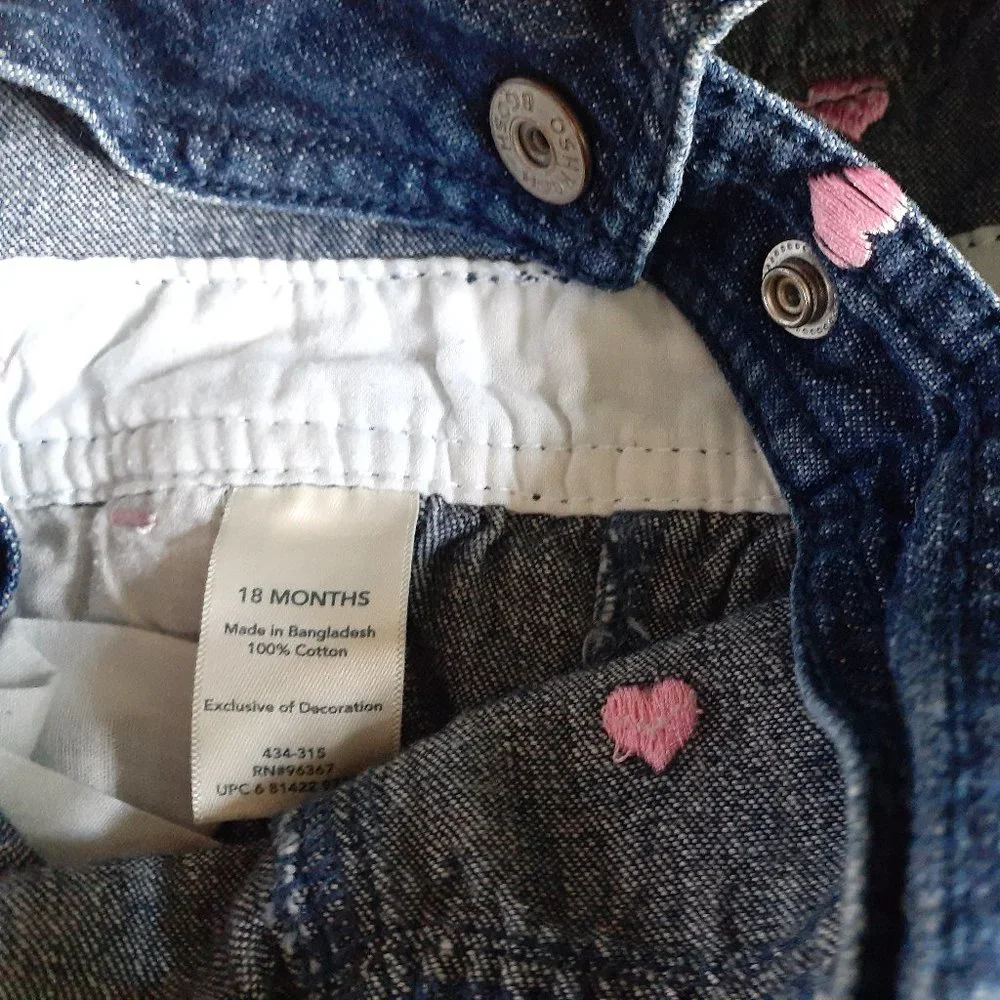 Oshkosh Girls Overalls Denim Jean Hearts Embroidered 18 Months